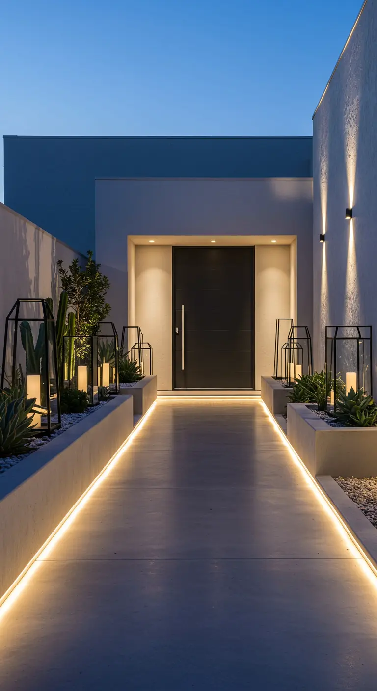 Allée d'entrée moderne avec des bandes LED lumineuses intégrées et des lanternes noires minimalistes.