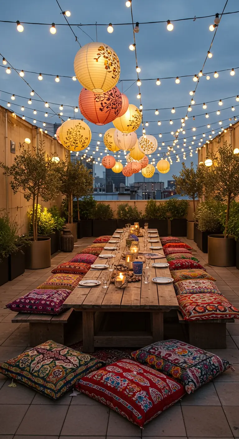 Toit-terrasse avec longue table, coussins ethniques, lampions colorés et guirlandes.