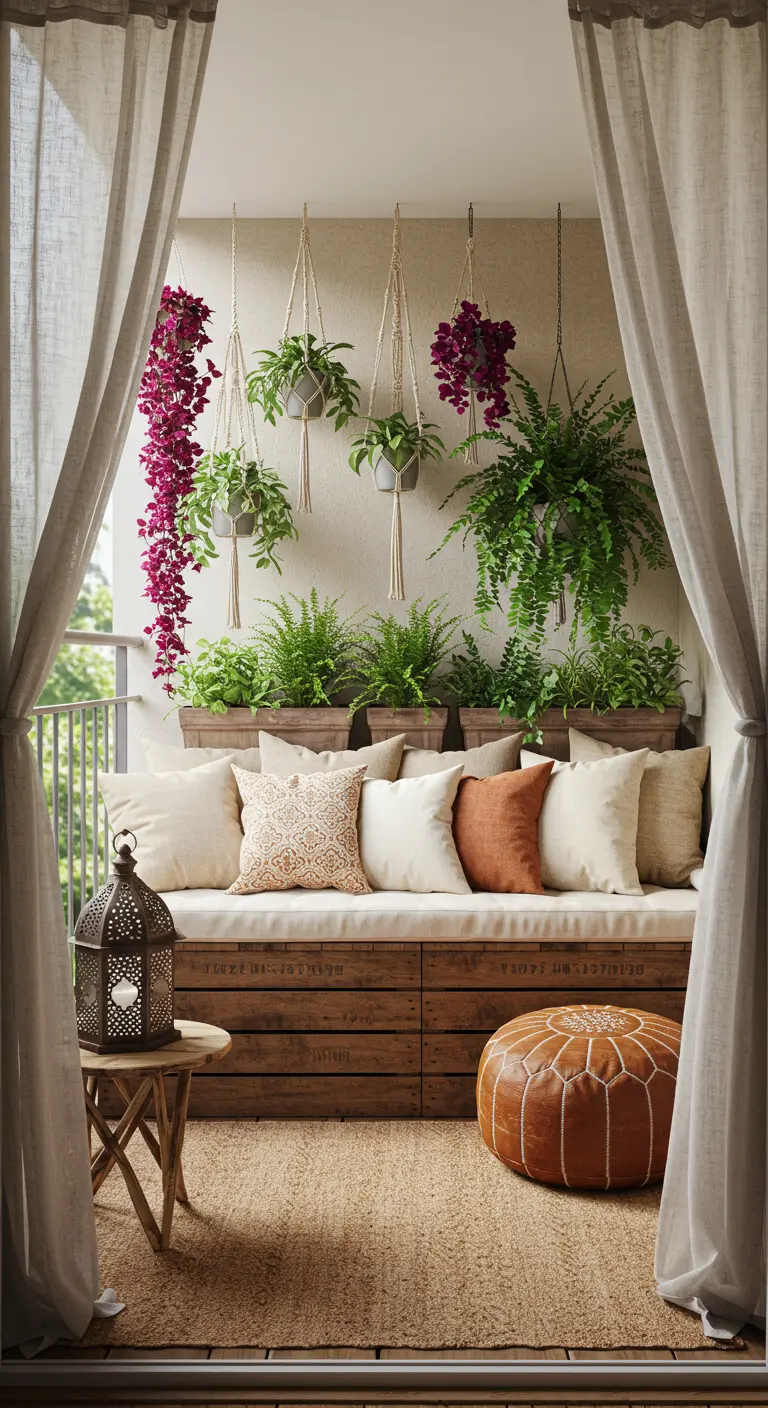 Banquette en bois avec coussins, plantes suspendues, rideaux et lanterne
