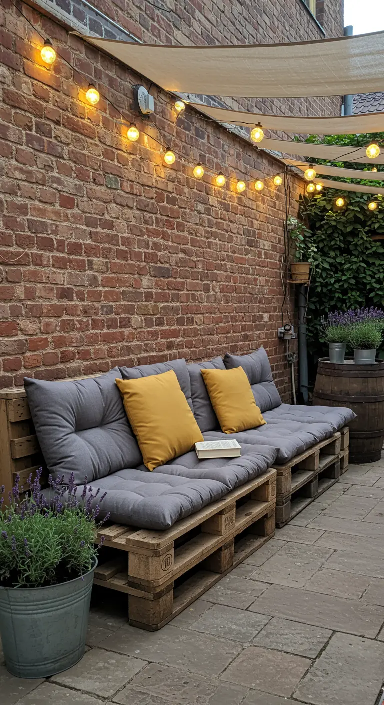 Banquette DIY en palettes avec coussins gris et jaunes, guirlandes lumineuses, mur de briques.