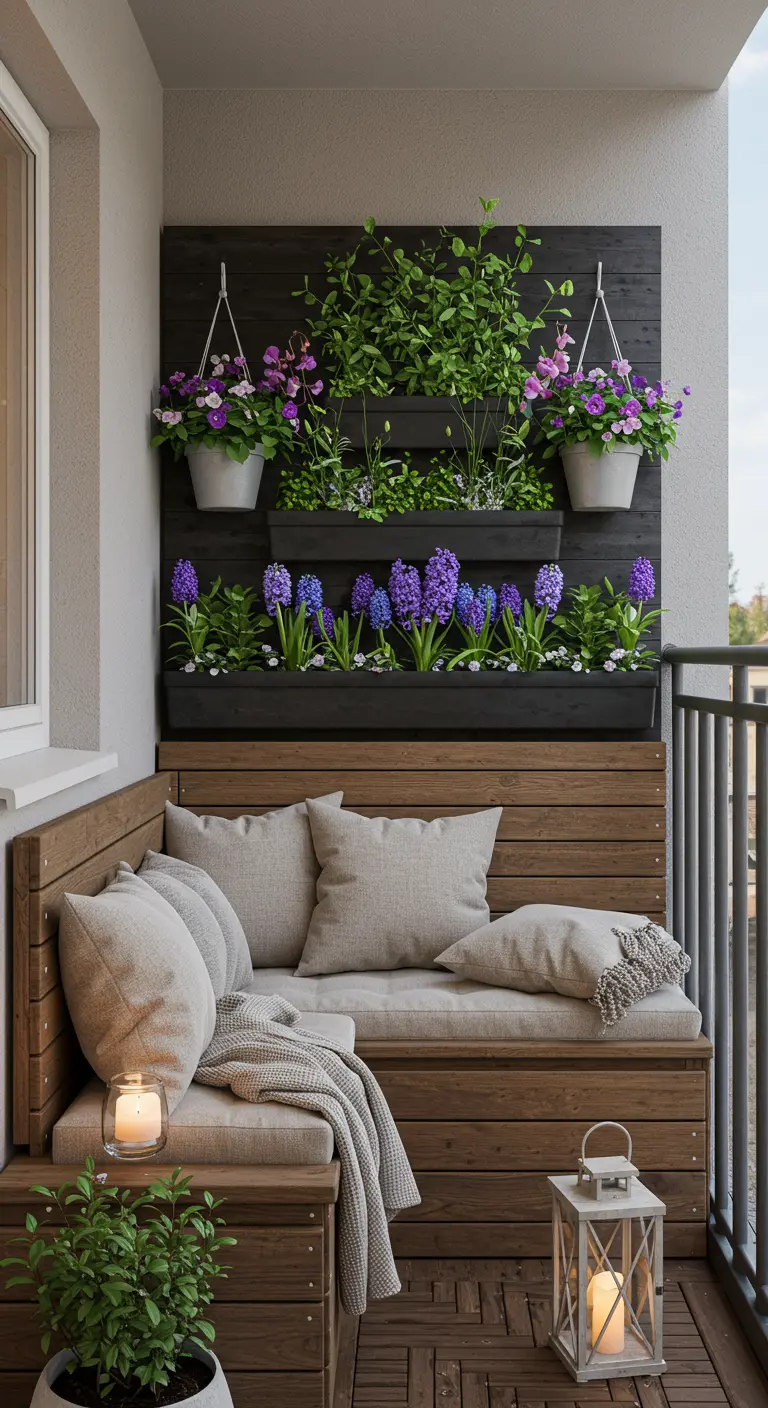 Balcon avec banquette en bois intégrée, coussins, jardin vertical de jacinthes violettes et suspensions.