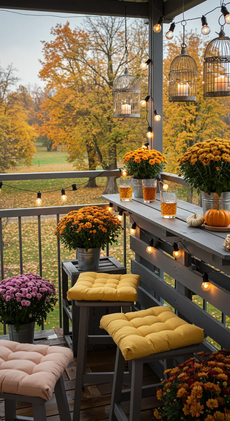 Balcon d'automne avec bar en palettes grises, chrysanthèmes, citrouilles, guirlandes lumineuses et coussins jaunes.