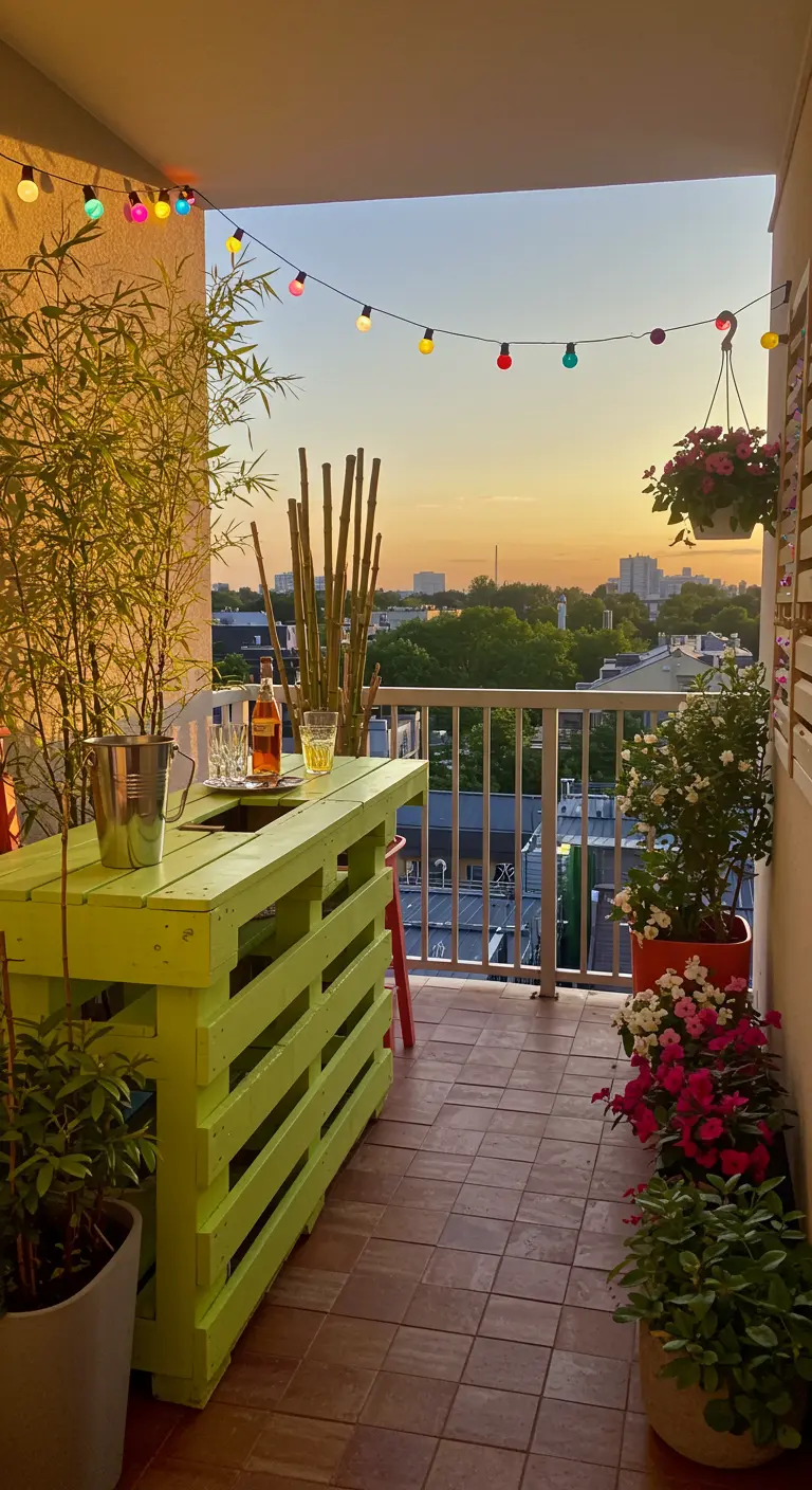 Balcon festif avec un bar en palettes vert citron, guirlande lumineuse multicolore, bambou et fleurs en pots.