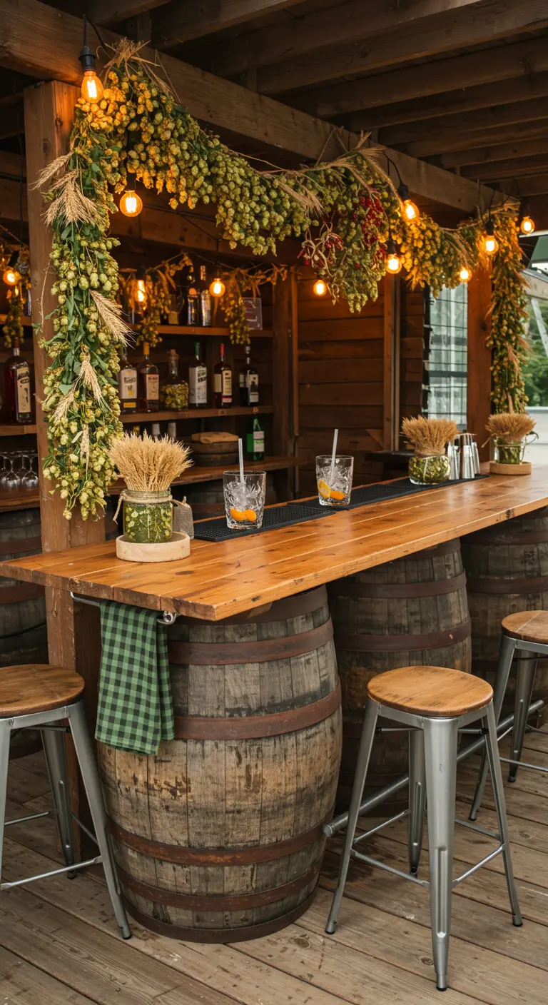 Bar extérieur en bois avec tonneaux, guirlandes de houblon et éclairage d'ambiance.