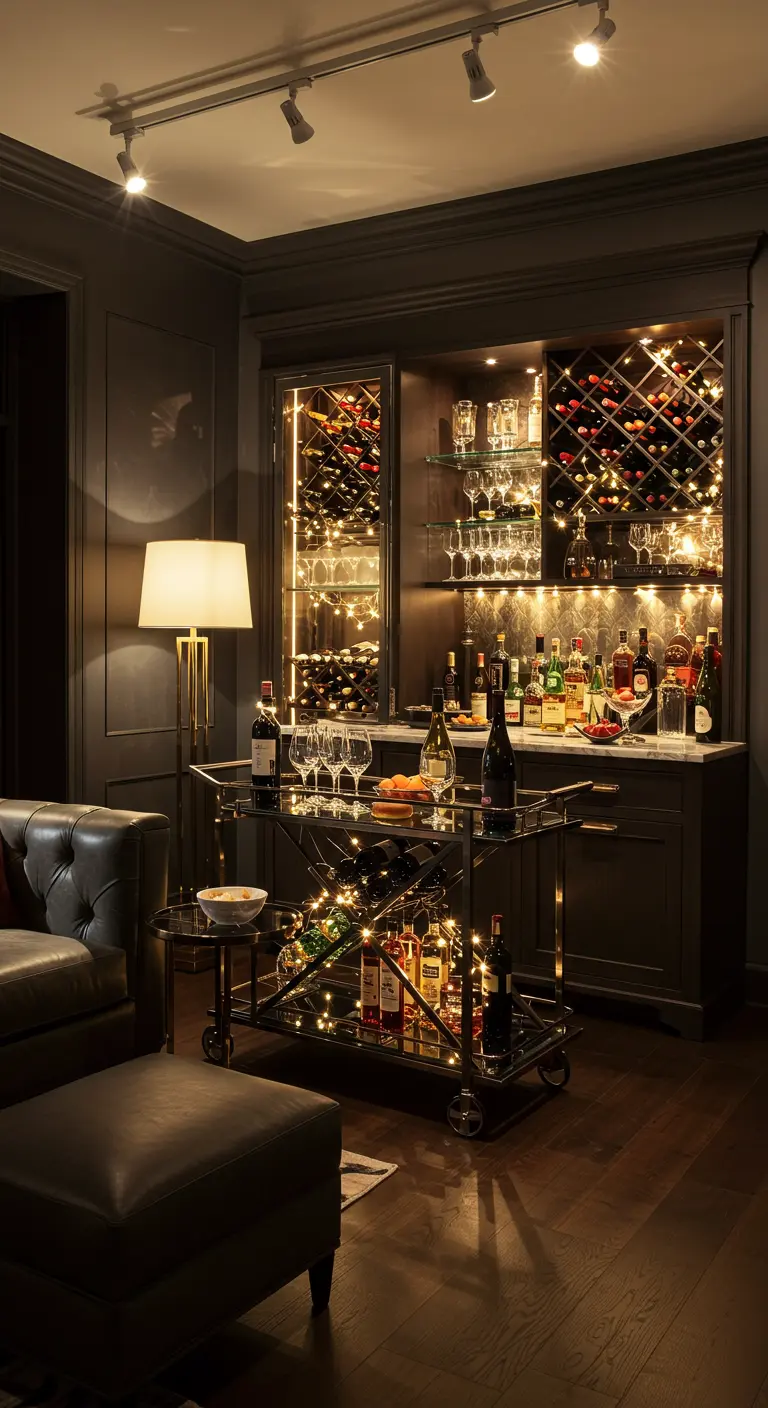 Bar à la maison élégant avec étagères illuminées et chariot de bar décoré de guirlandes.