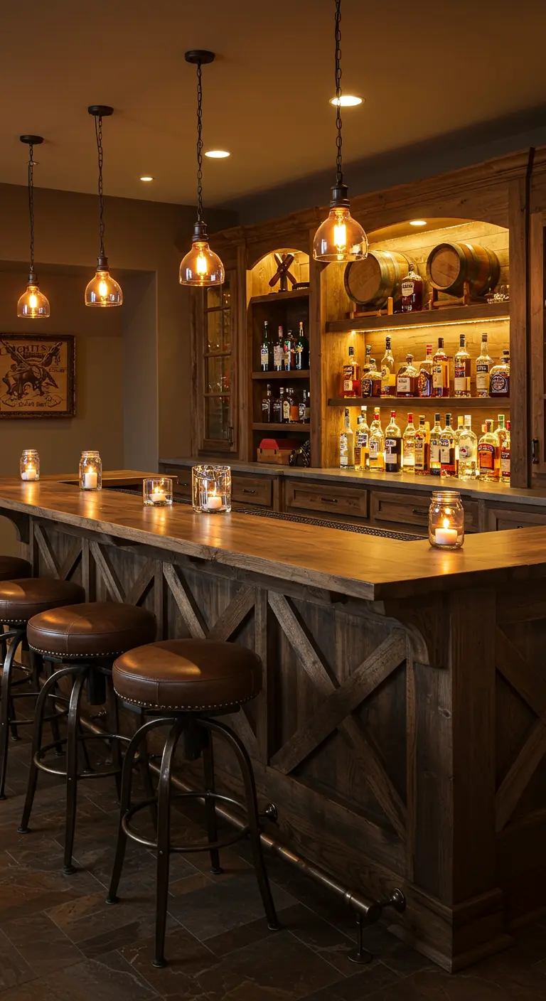 Bar maison en bois foncé avec suspensions ambrées, tabourets en cuir et bougies.