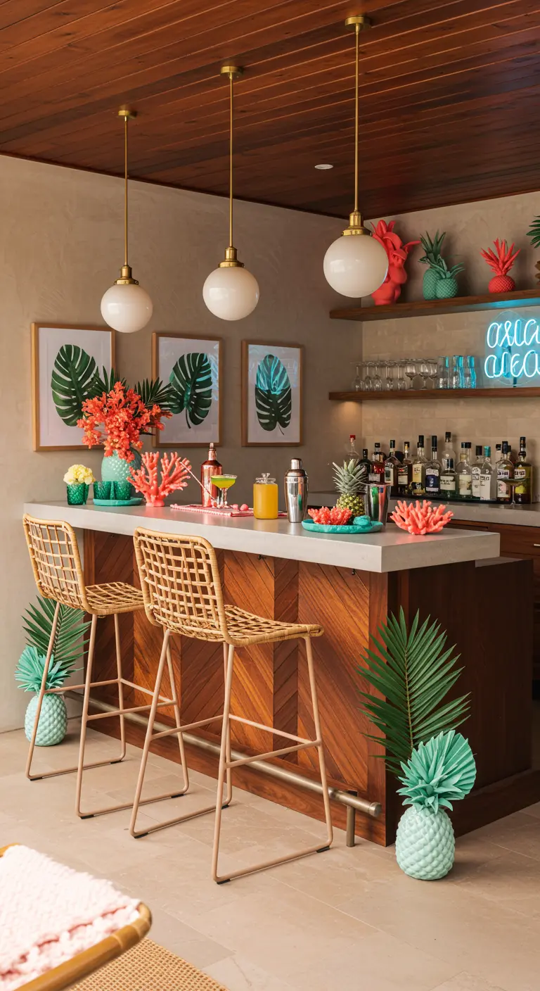 Bar moderne avec comptoir en bois, tabourets en rotin, décorations corail et menthe, néon lumineux.