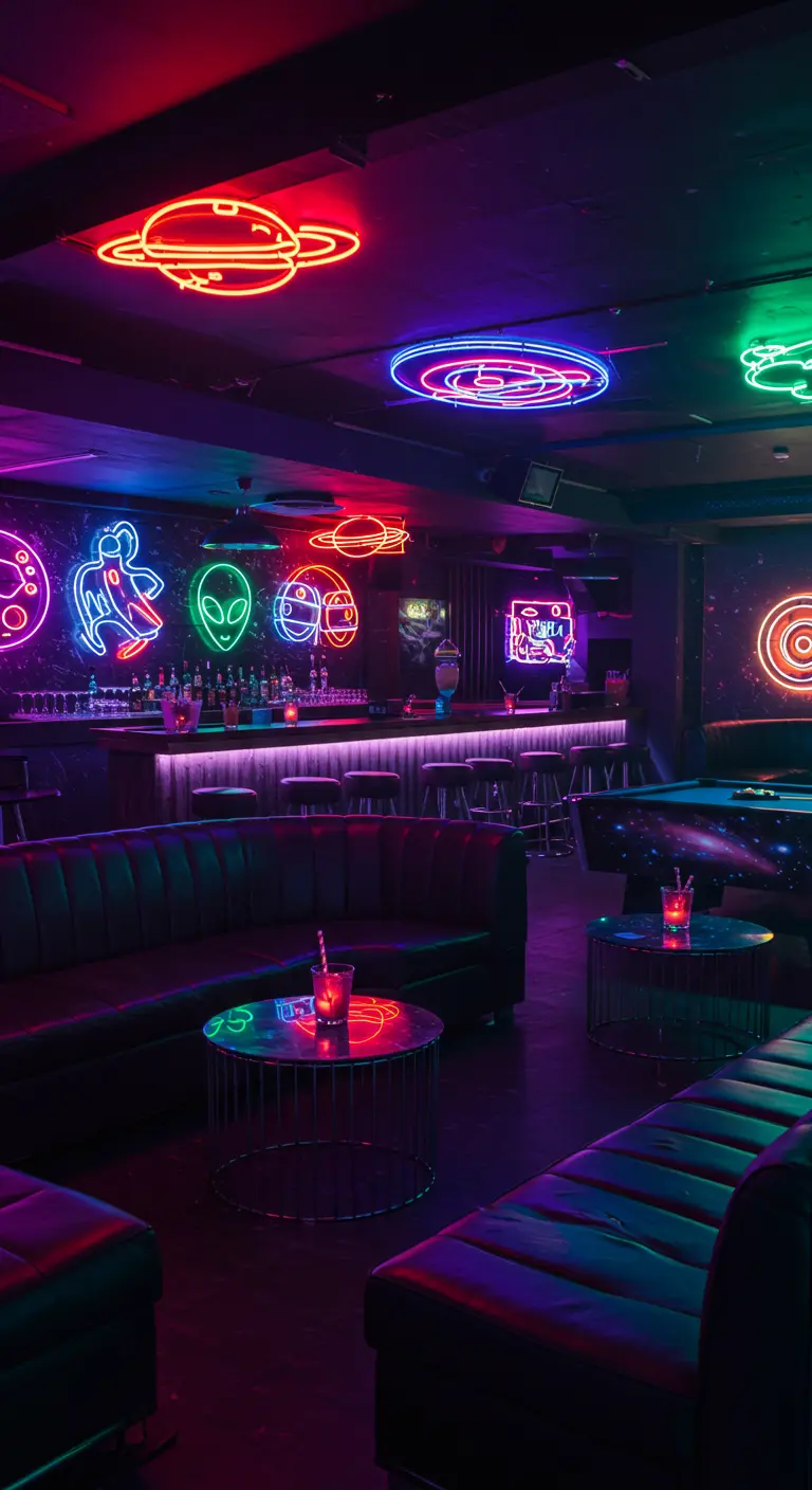 Bar avec enseignes néons de planètes et aliens, éclairage violet/bleu et canapés lounge.