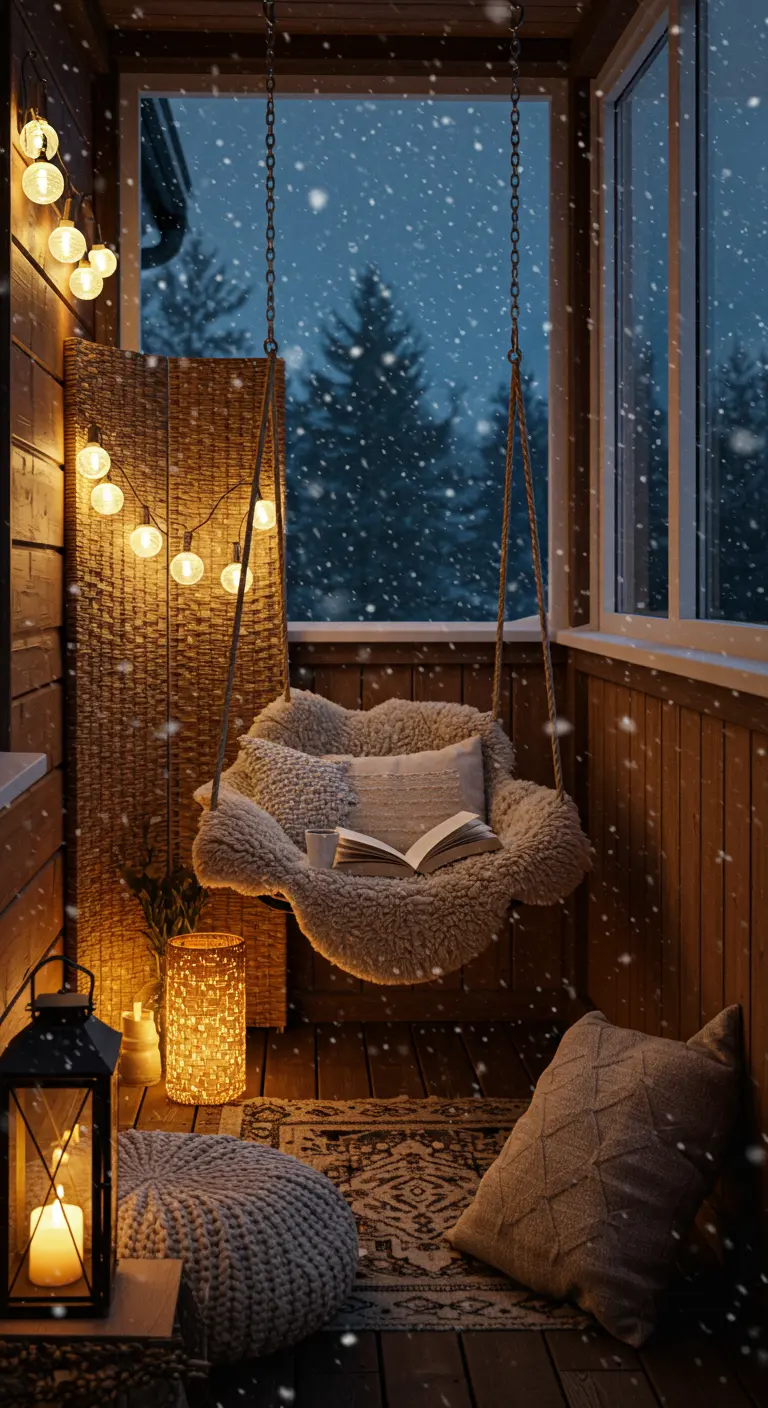 Balcon enneigé avec balancelle suspendue en fausse fourrure, guirlande lumineuse et lanternes.