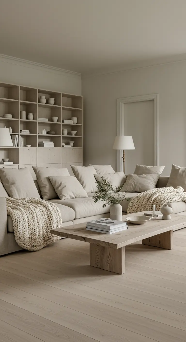 Salon scandinave avec canapé d'angle beige, grande bibliothèque intégrée en bois clair et plaids moelleux.