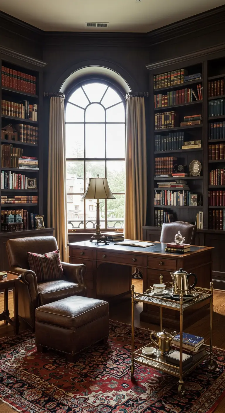 Bureau de style classique avec fauteuil en cuir, bibliothèque murale et chariot à thé.