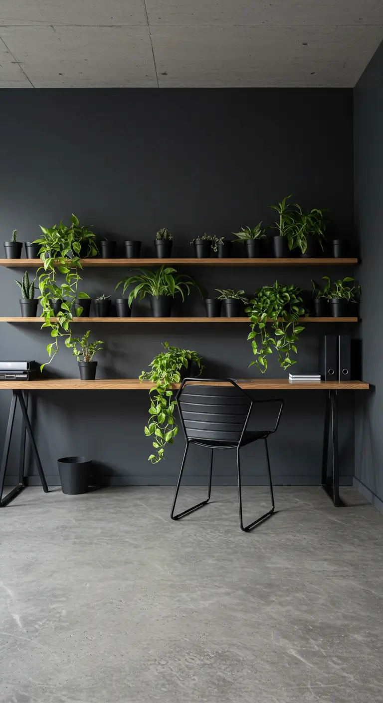 Petits pots noirs et plantes vertes sur étagères en bois, devant un mur anthracite.