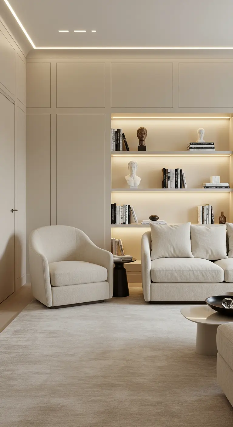 Salon avec bibliothèque intégrée lumineuse, fauteuil crème, canapé crème, éclairage linéaire.
