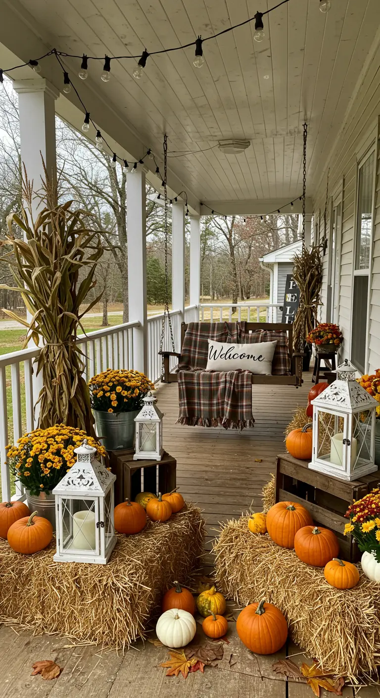 Porche d'entrée décoré pour l'automne avec balancelle, guirlandes lumineuses, citrouilles et lanternes blanches.