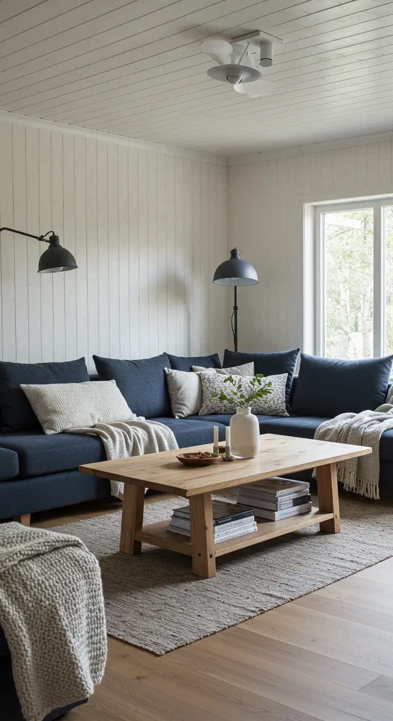 Salon scandinave de campagne avec canapé d'angle bleu nuit, murs lambrissés blancs, table basse bois brut.