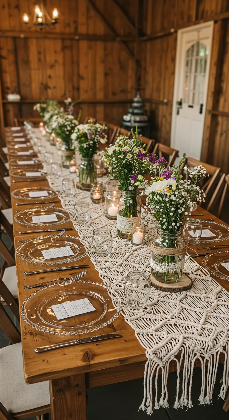 Longue table rustique avec chemin de table en macramé, bocaux fleuris et assiettes transparentes.