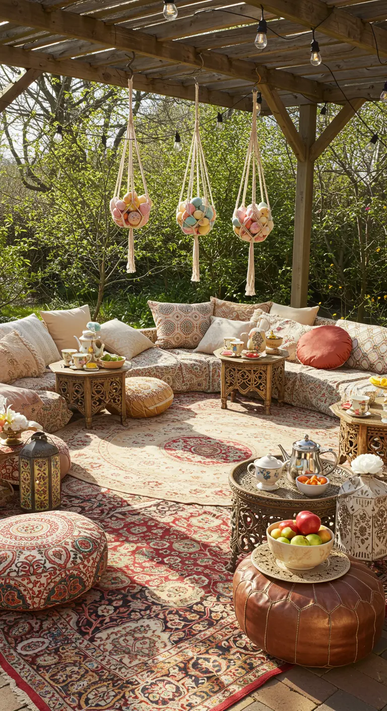 Terrasse bohème avec poufs, tapis et suspensions macramé d'œufs décorés.