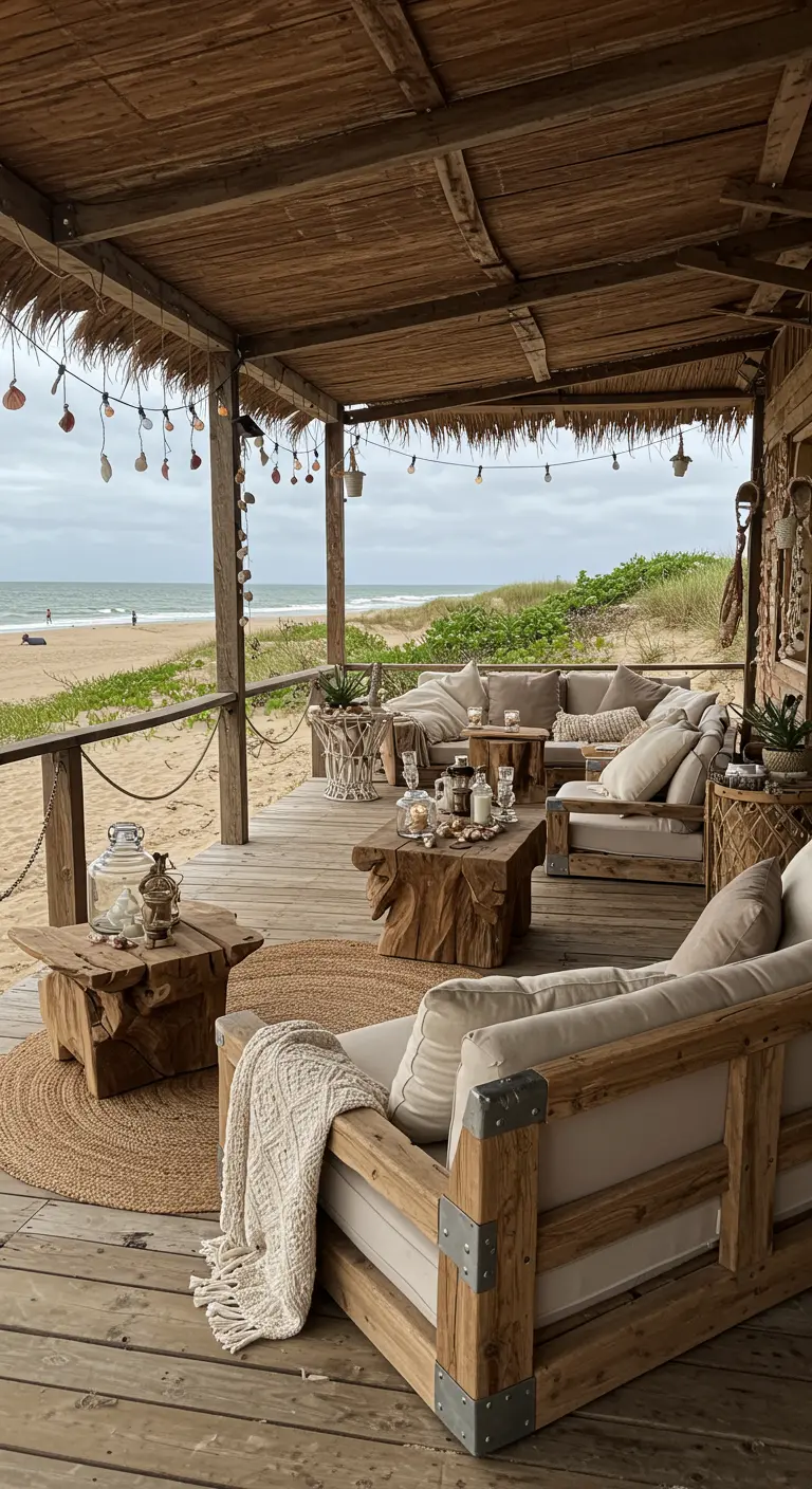 Salon de plage rustique sous pergola en bois flotté, meubles en bois, coussins écrus, tapis en jute, guirlandes.