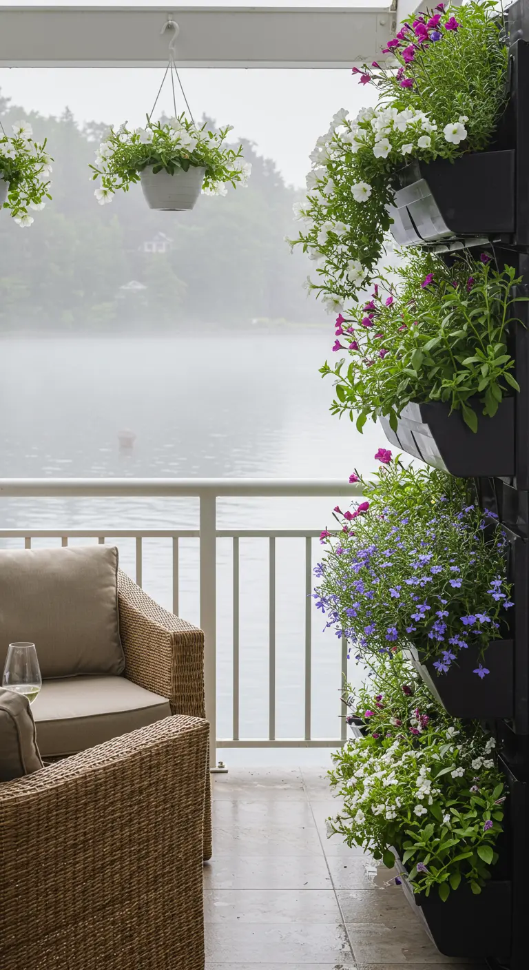 Balcon en bord de lac avec jardin vertical de fleurs blanches, roses et violettes, et fauteuils en rotin.