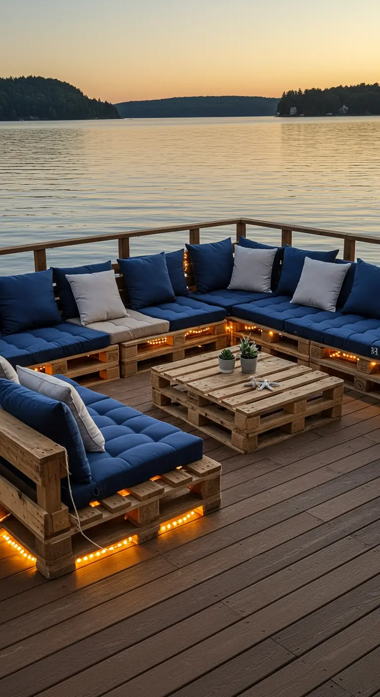 Salon en palettes en bois avec coussins bleus, éclairage LED sous les assises, au bord d'un lac au coucher du soleil.