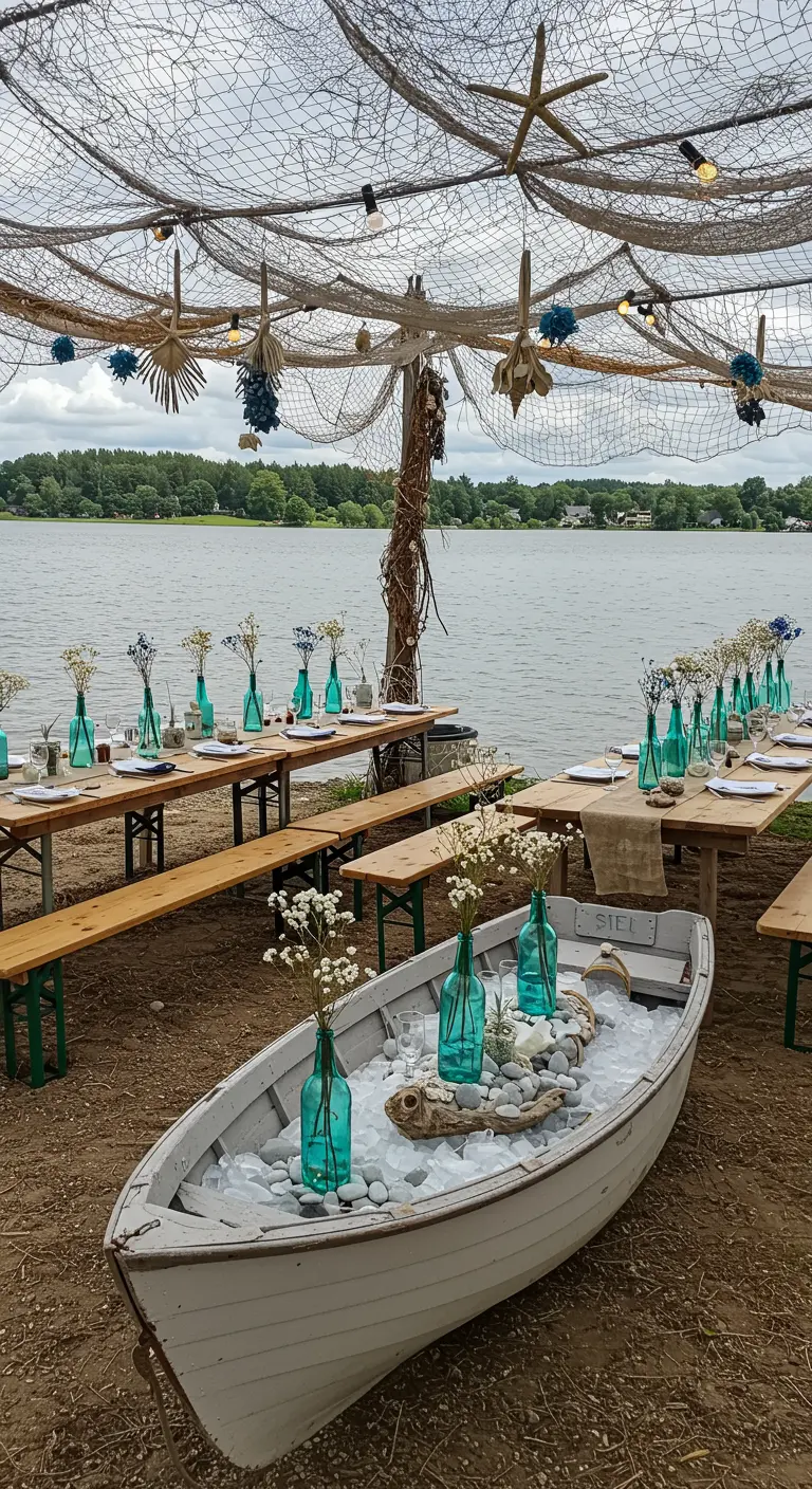 Fête au bord d'un lac, bateau glacière, bouteilles turquoise, filet de pêche suspendu avec coquillages.
