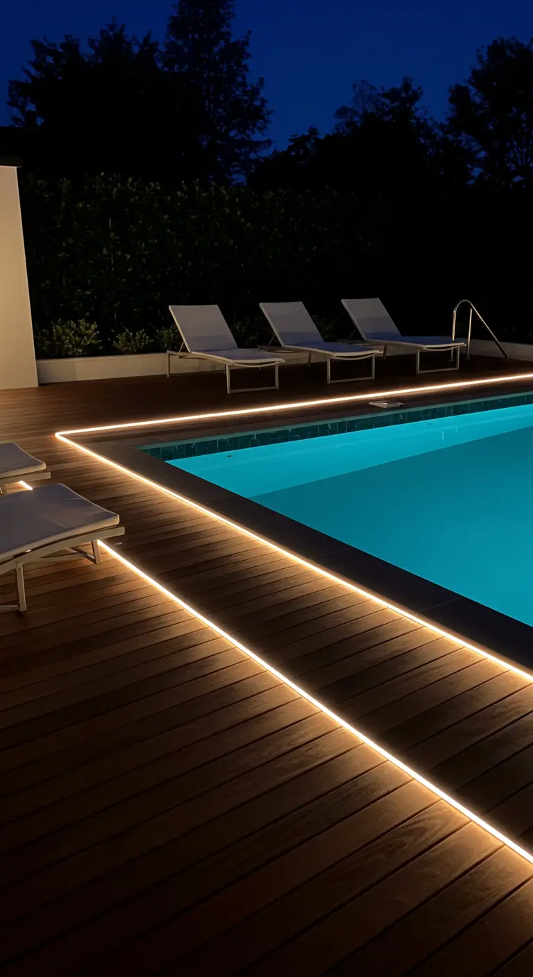 Plage de piscine en bois avec des bandes LED lumineuses intégrées le long des contours.