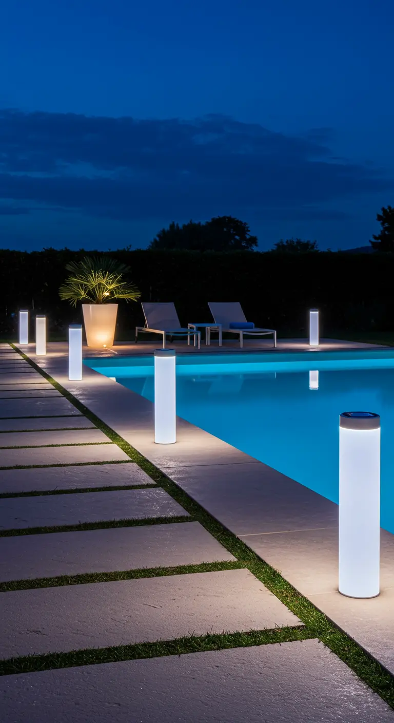 Bord de piscine moderne éclairé par des bornes lumineuses solaires cylindriques, avec chaises longues.
