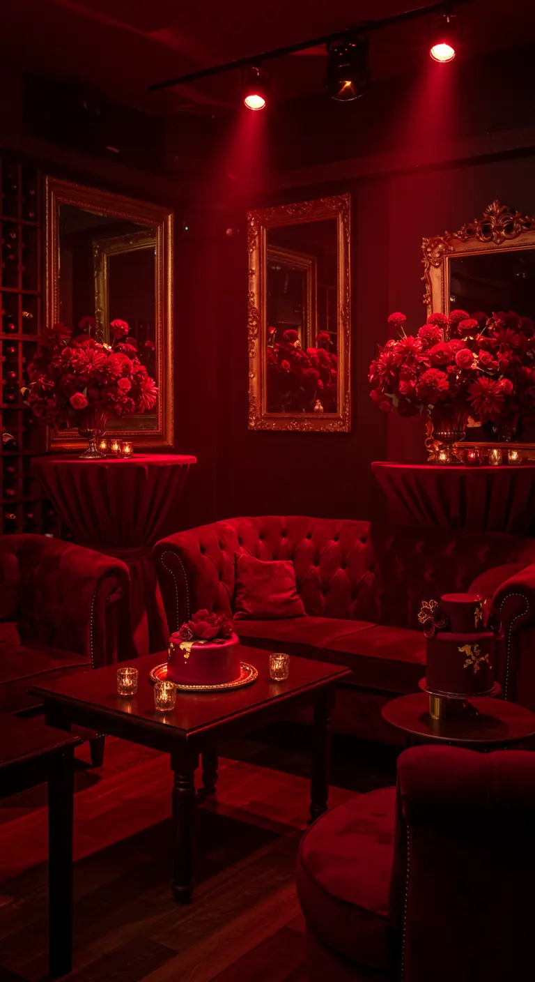 Salon-bar monochrome rouge profond avec canapés en velours, miroirs dorés et bouquets de roses.