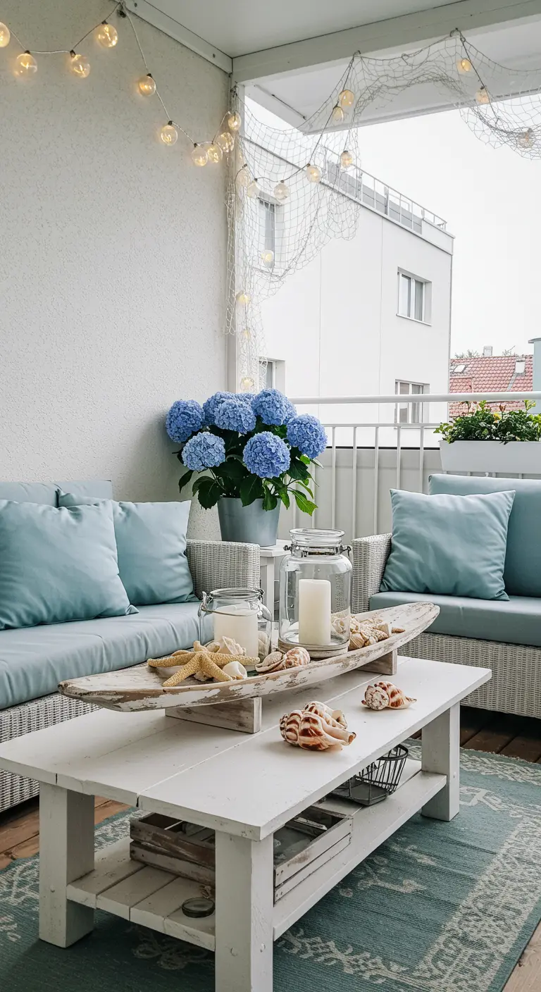 Balcon thème marin avec canapé bleu, table blanche, coquillages, hortensia bleu.