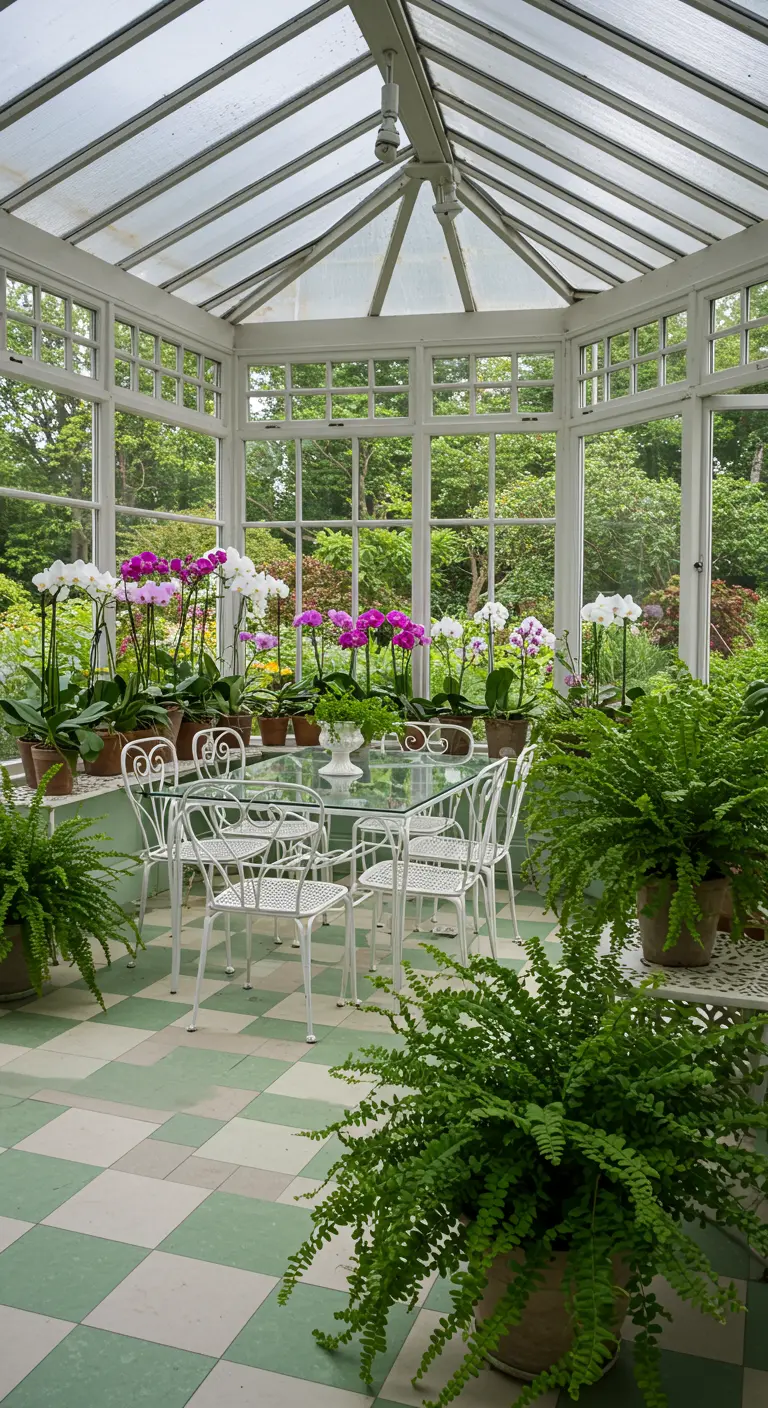 Véranda lumineuse avec table en verre et chaises en fer forgé blanc, entourée d'orchidées et fougères.