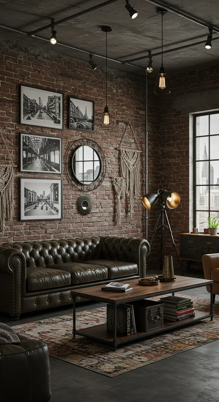 Mur de briques industrielles avec galerie de cadres noir et blanc, miroirs ronds et macramés, au-dessus d'un canapé Chesterfield.