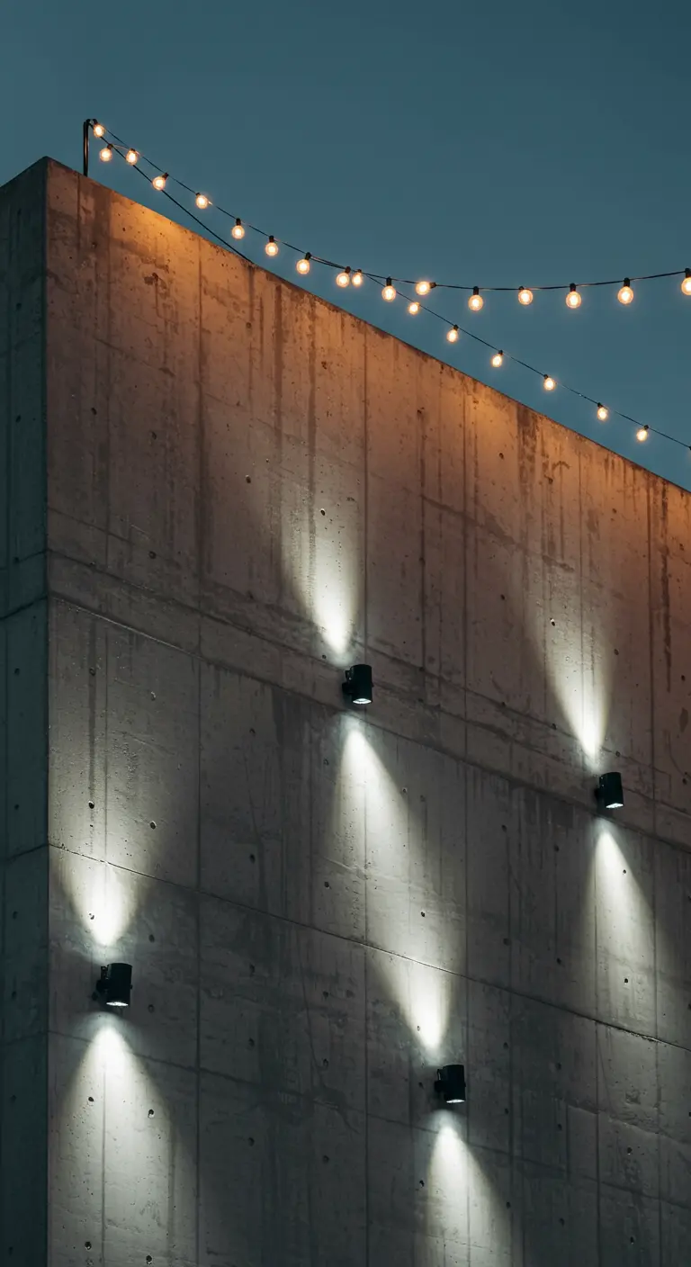 Mur en béton moderne avec appliques murales et guirlandes lumineuses tendues.