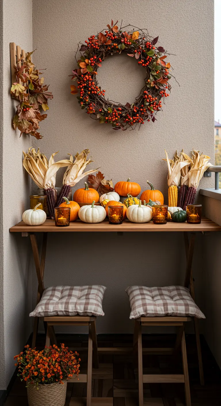 Balcon avec table pliante, citrouilles, épis de maïs séchés et couronne de baies.