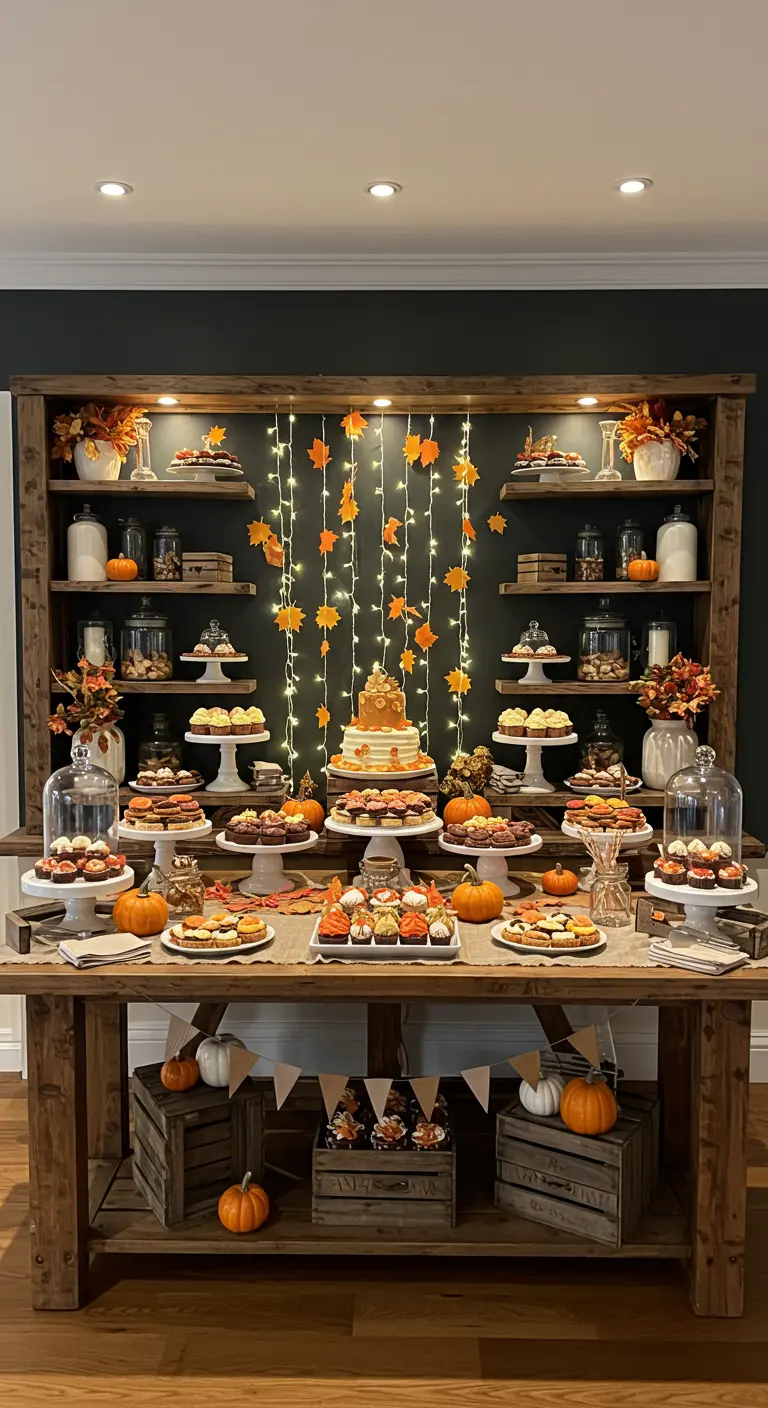 Buffet de desserts automnal décoré de guirlandes lumineuses et de feuilles d'érable.