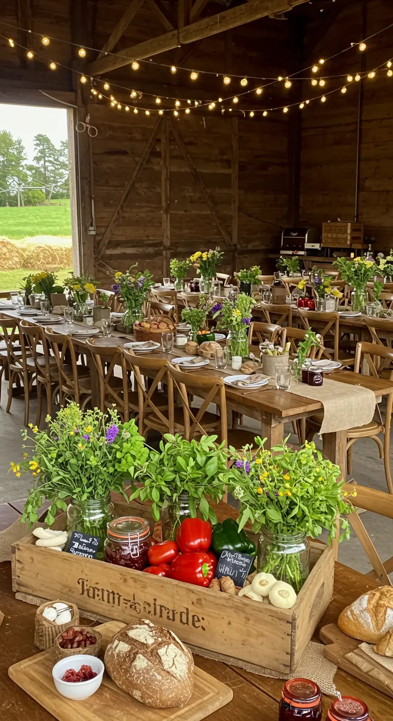 Intérieur de grange avec buffet de produits frais, tables en bois, fleurs sauvages dans des bocaux.