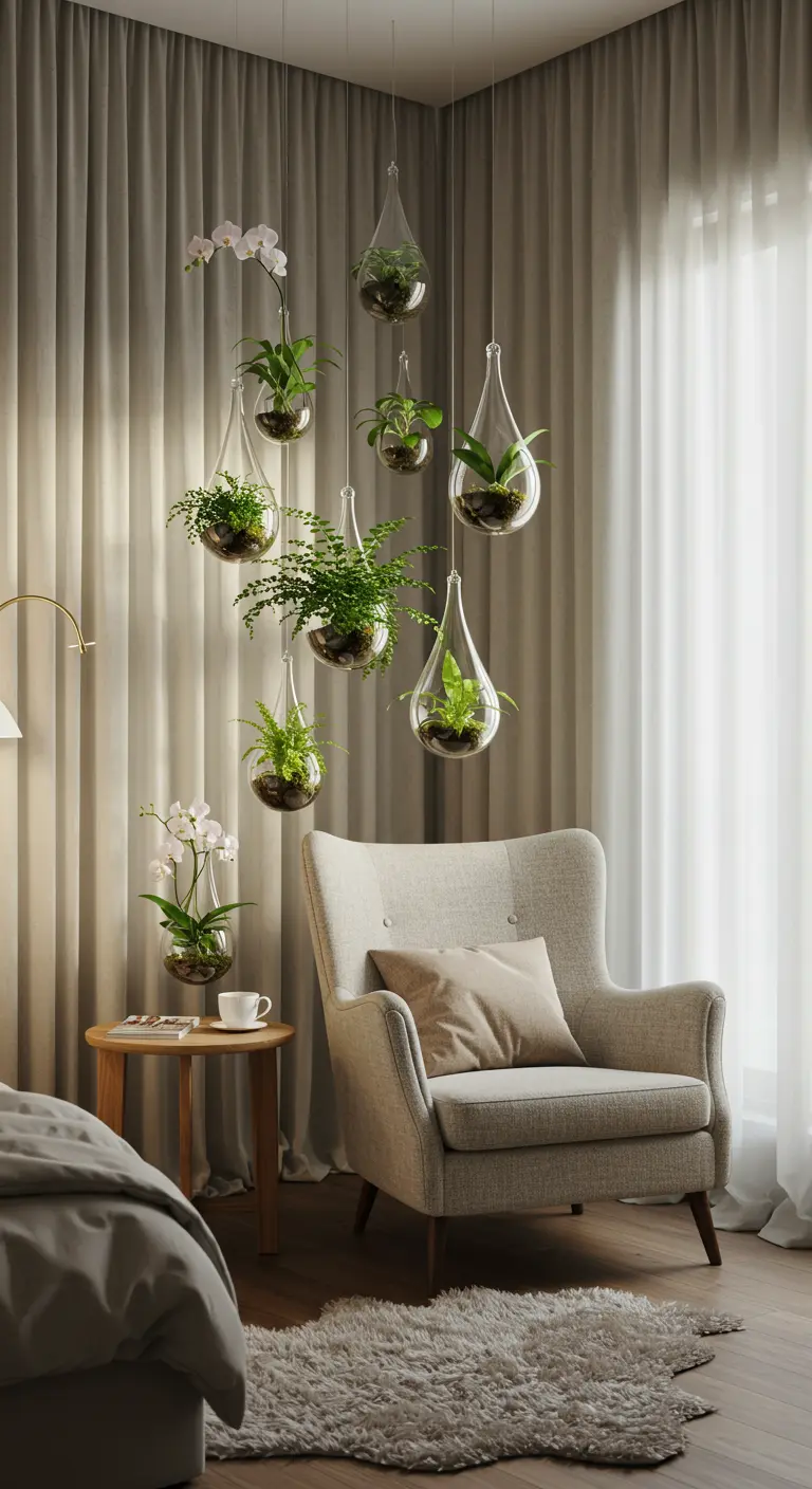 Plantes et orchidées dans des terrariums en verre suspendus en forme de goutte d'eau dans une chambre.