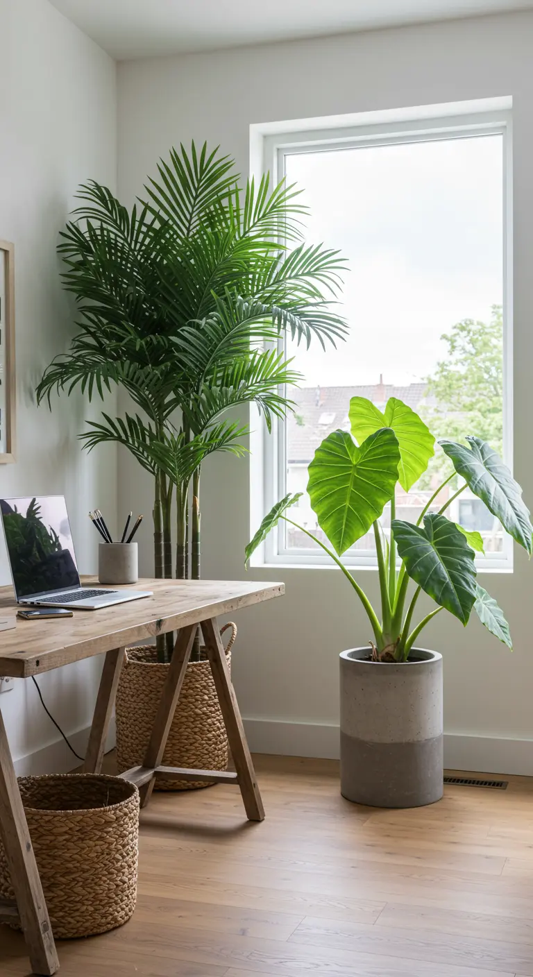 Palme Areca et Alocasia près d'un bureau en bois dans un bureau lumineux.