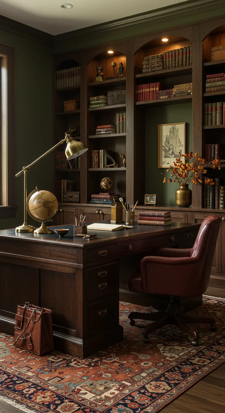 Bureau-bibliothèque avec mobilier en bois foncé, murs verts, tapis vintage et décoration automnale.