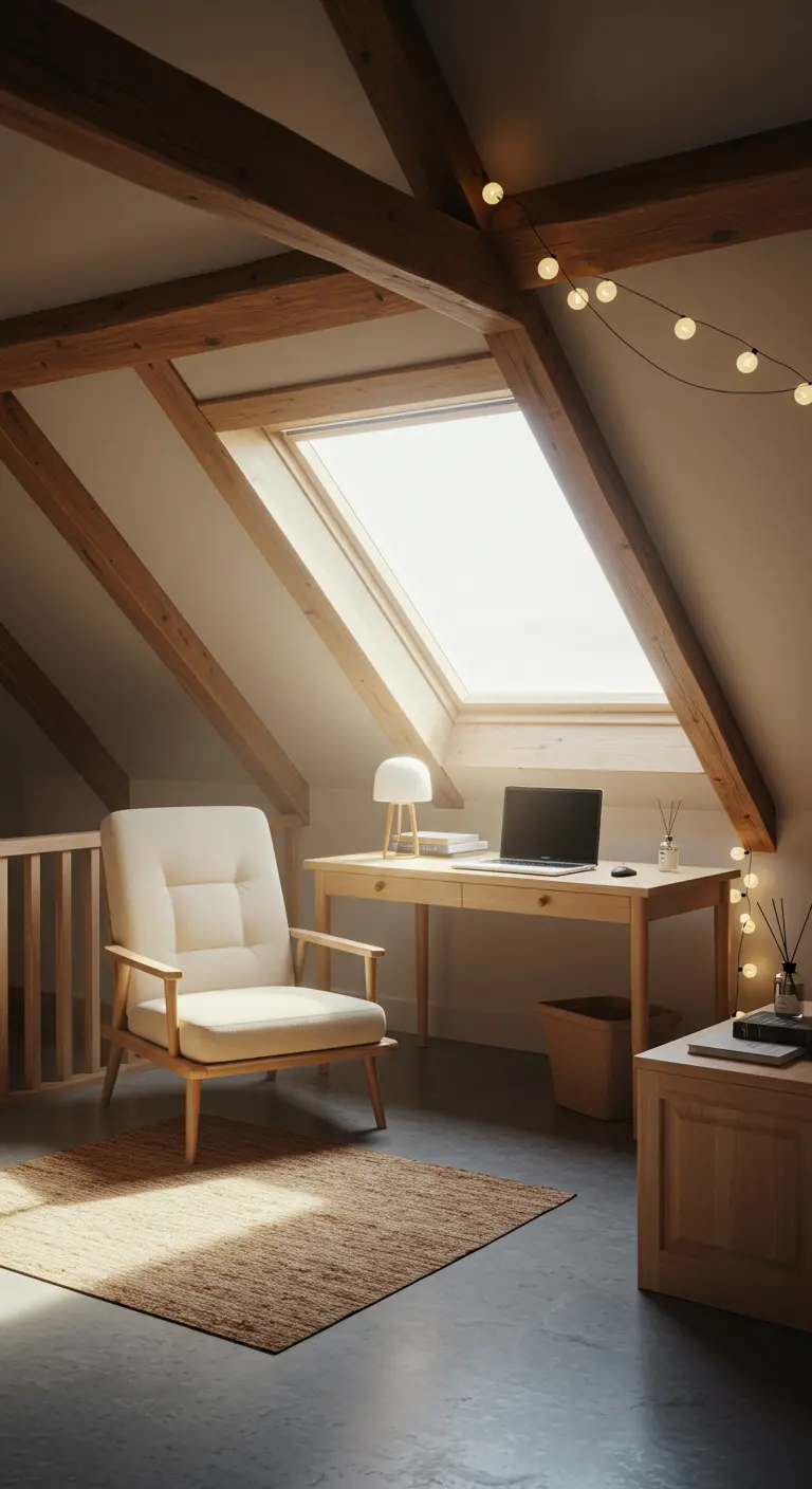 Bureau cosy sous les toits avec fauteuil rembourré, fenêtre de toit et guirlande lumineuse.