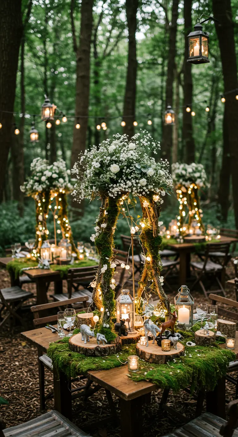 Tables de réception dans une forêt, avec centres de table en branches décorées de mousse, lumières et fleurs blanches.