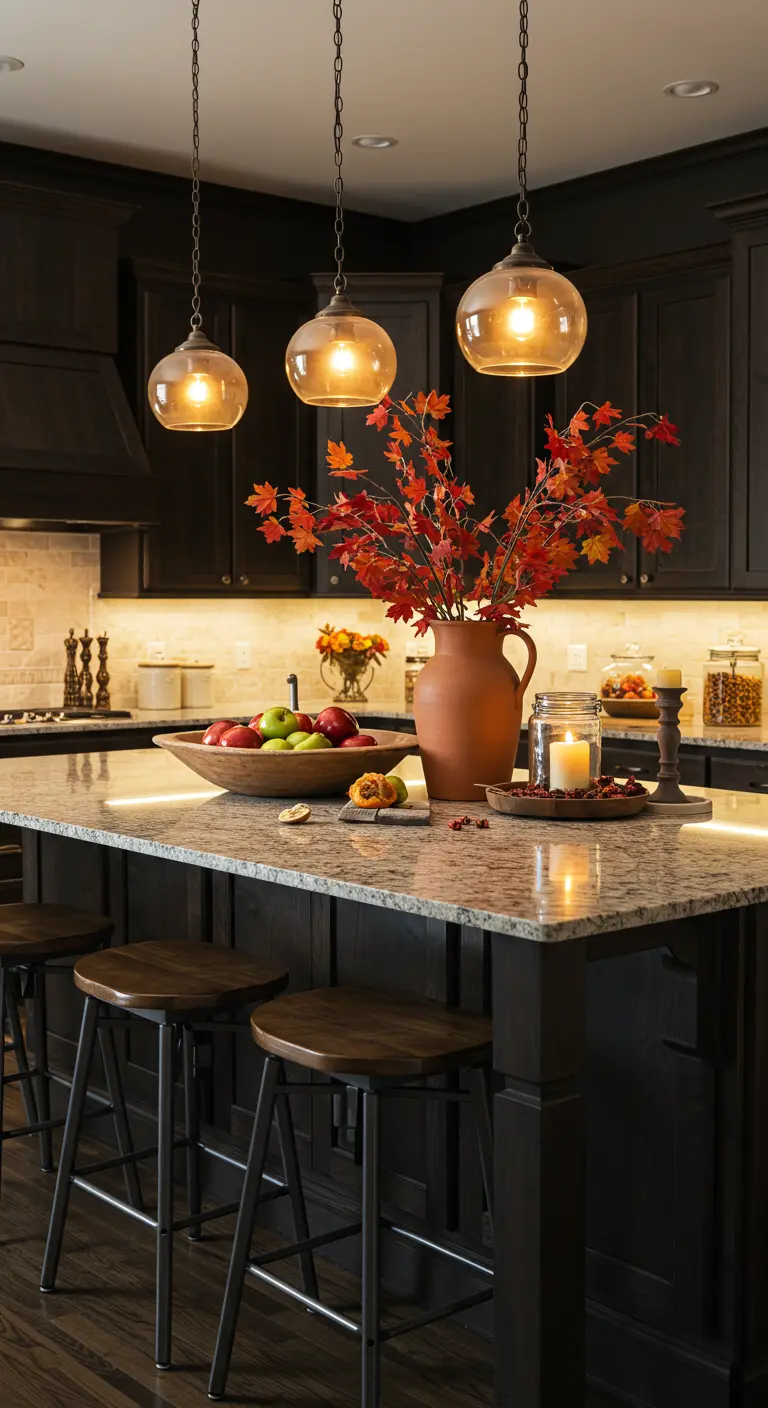 Îlot de cuisine avec armoires sombres, suspensions ambrées et vase terracotta avec feuilles d'automne.