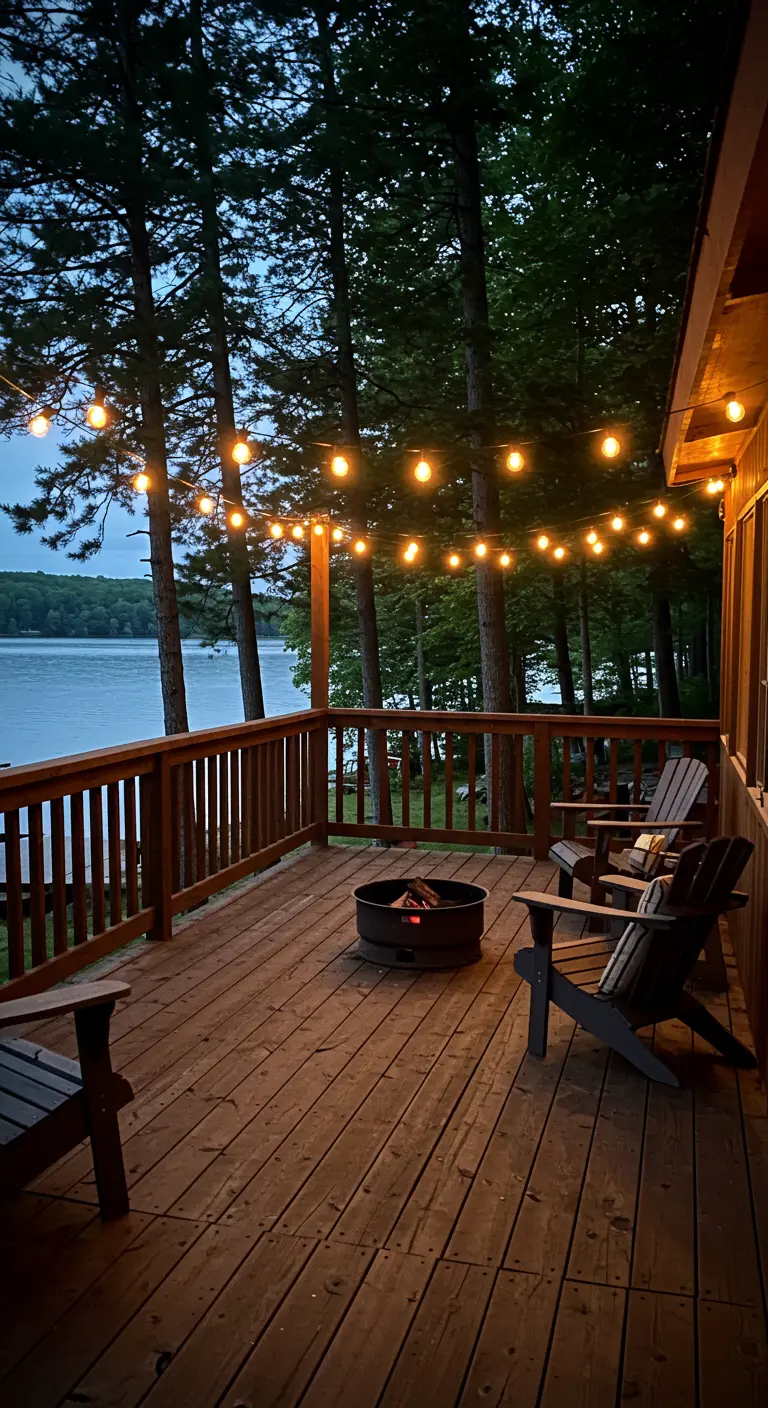 Terrasse en bois avec vue sur un lac, guirlandes lumineuses sous l'avant-toit et brasero.