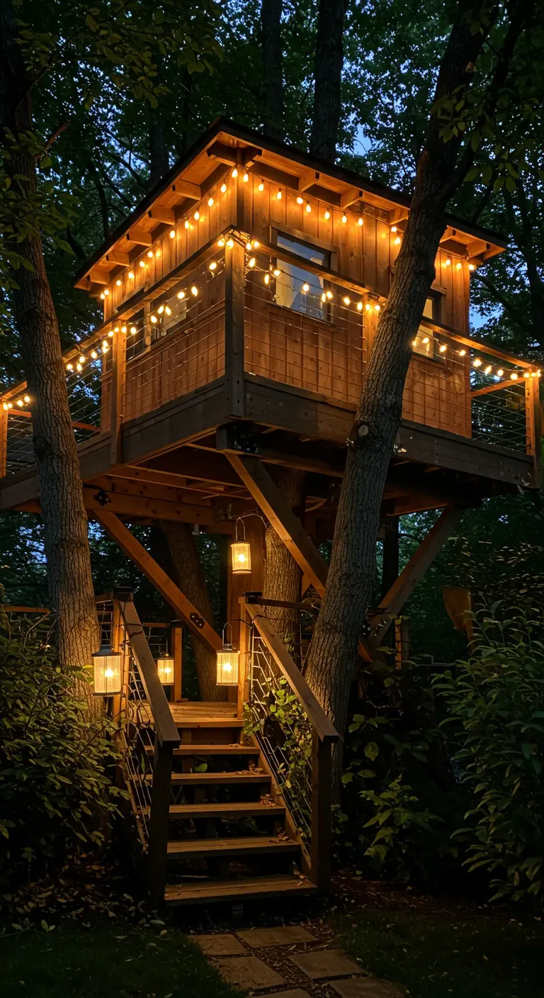 Cabane dans les arbres illuminée de guirlandes lumineuses et lanternes suspendues.