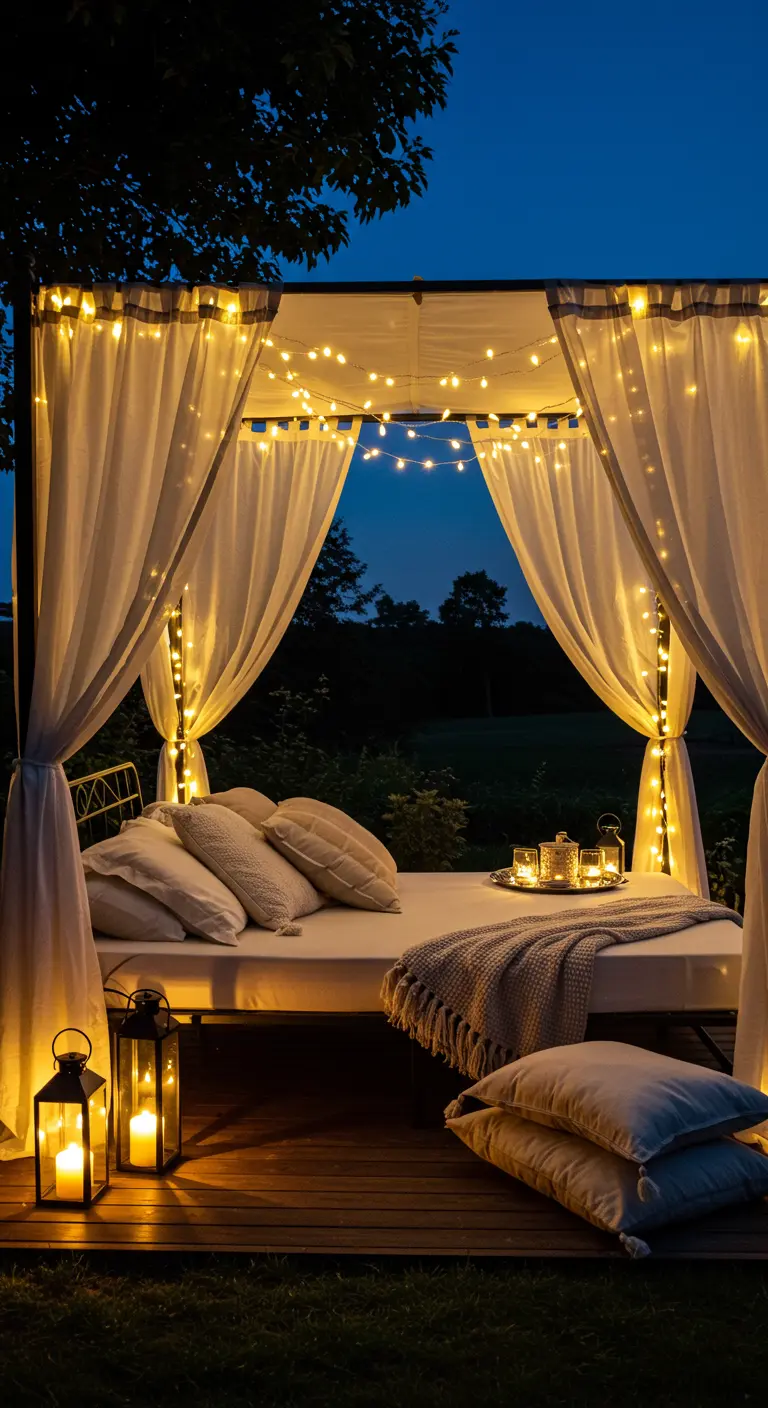 Gazebo avec rideaux blancs et guirlandes lumineuses, matelas confortable et coussins.