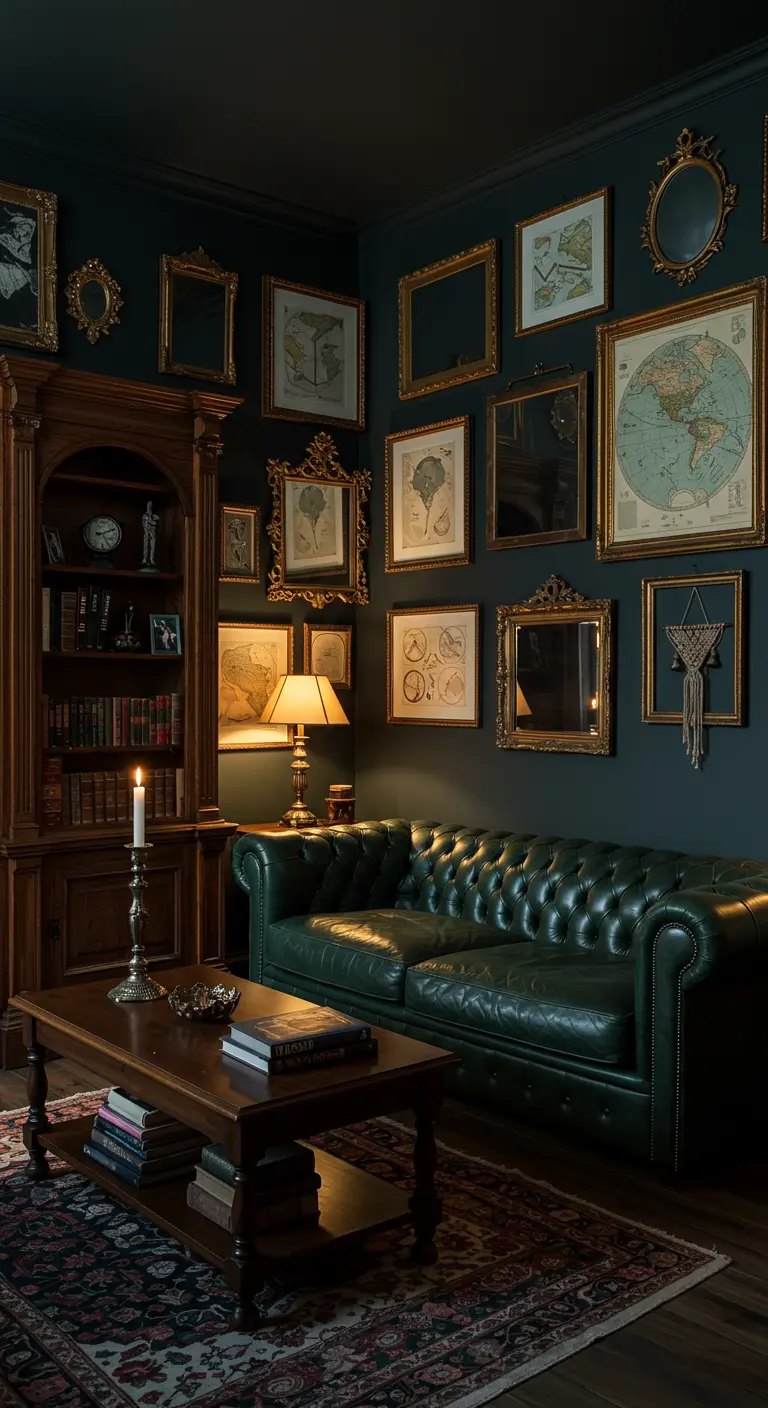 Salon somptueux aux murs bleu nuit, galerie de cadres dorés baroques, cartes anciennes et miroirs, avec bibliothèque.