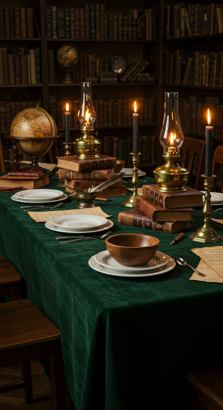 Table de bibliothèque avec nappe verte velours, livres anciens, lampes à huile et bougies noires.