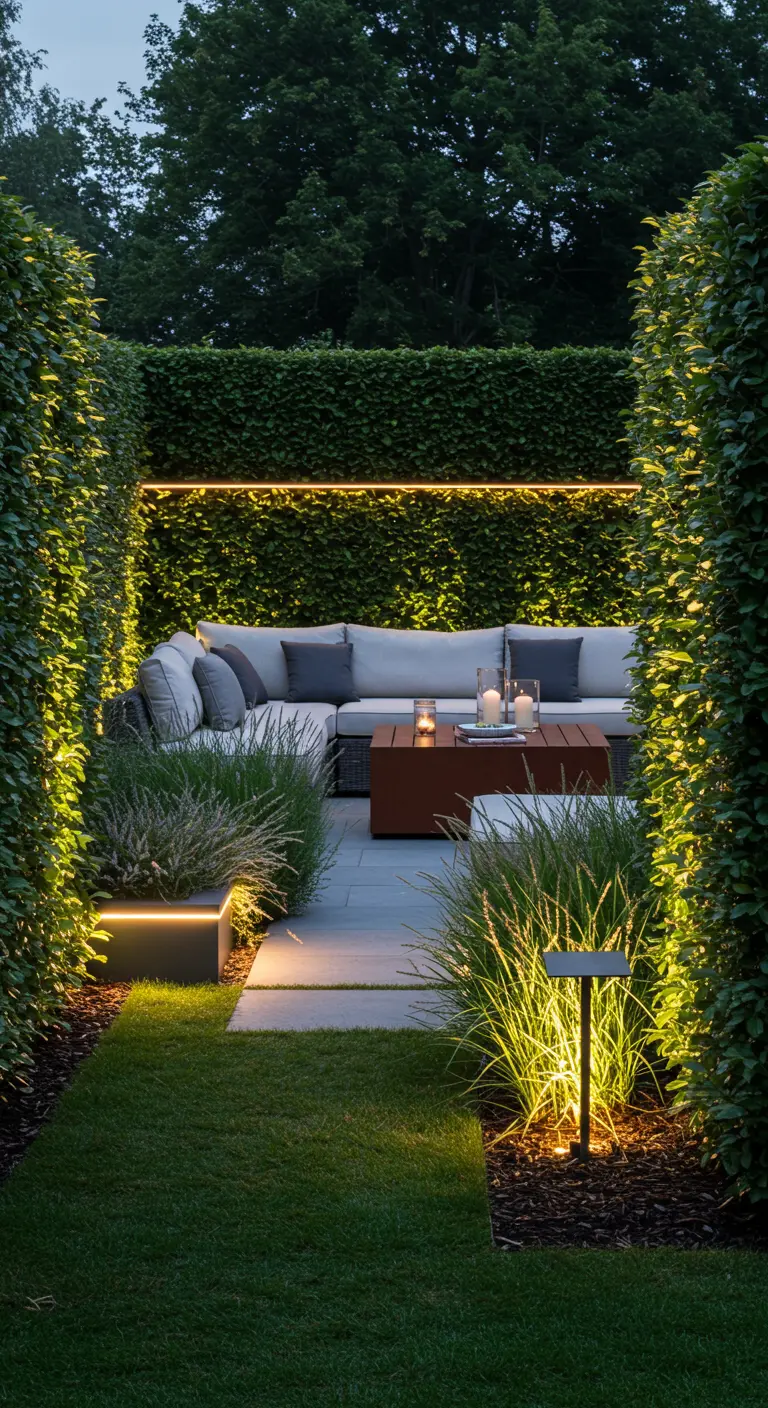 Chemin de jardin menant à un salon extérieur, encadré de haies et de rubans LED.