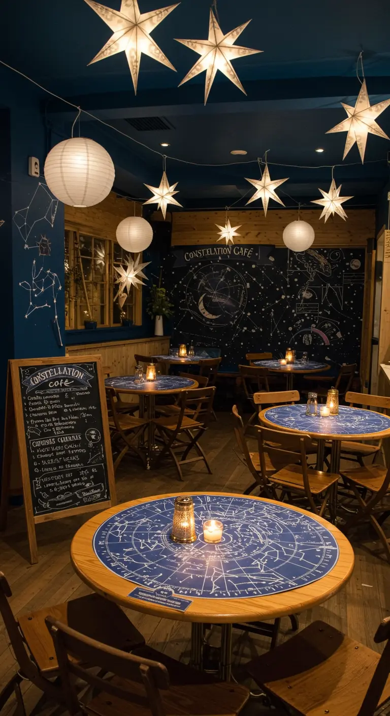 Café décoré de lanternes étoiles, tables avec cartes de constellations et un mur ardoise.