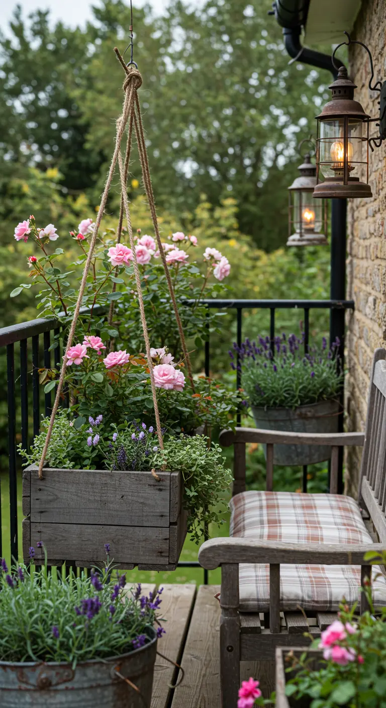 Caisse en bois suspendue par des cordes avec des roses roses et de la lavande sur un balcon rustique
