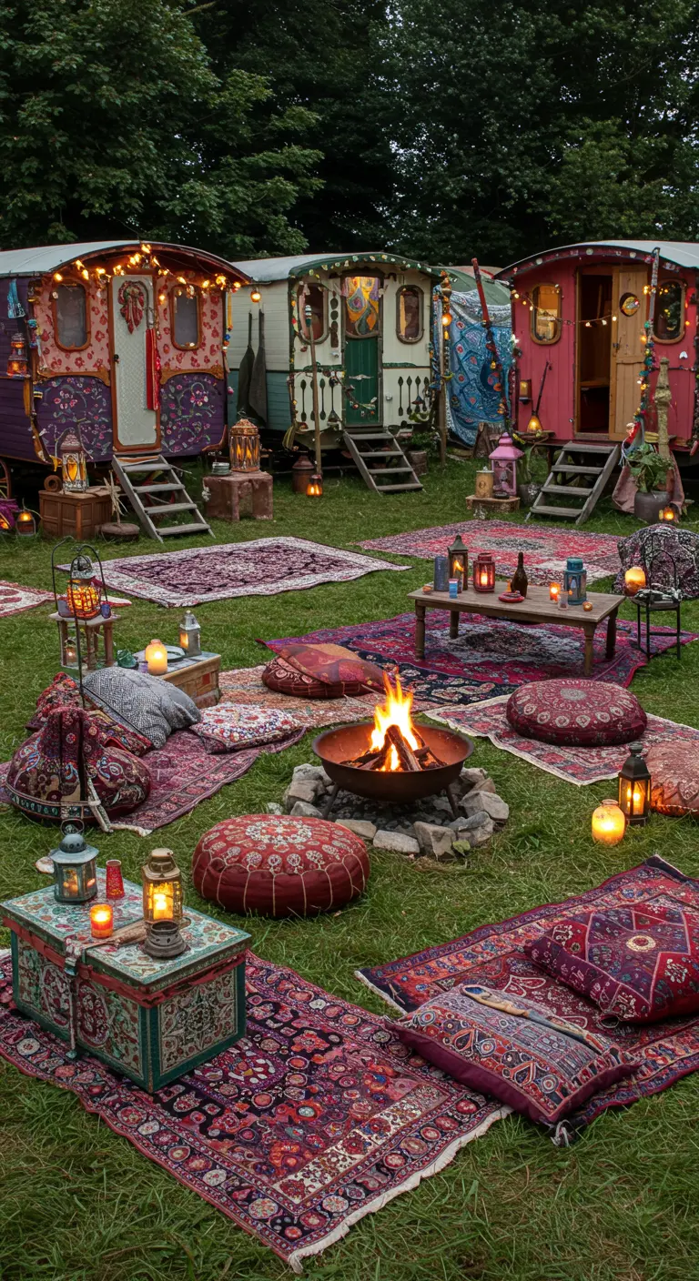 Campement bohémien avec des roulottes colorées, des tapis au sol, des coussins, des lanternes et un feu de joie central.
